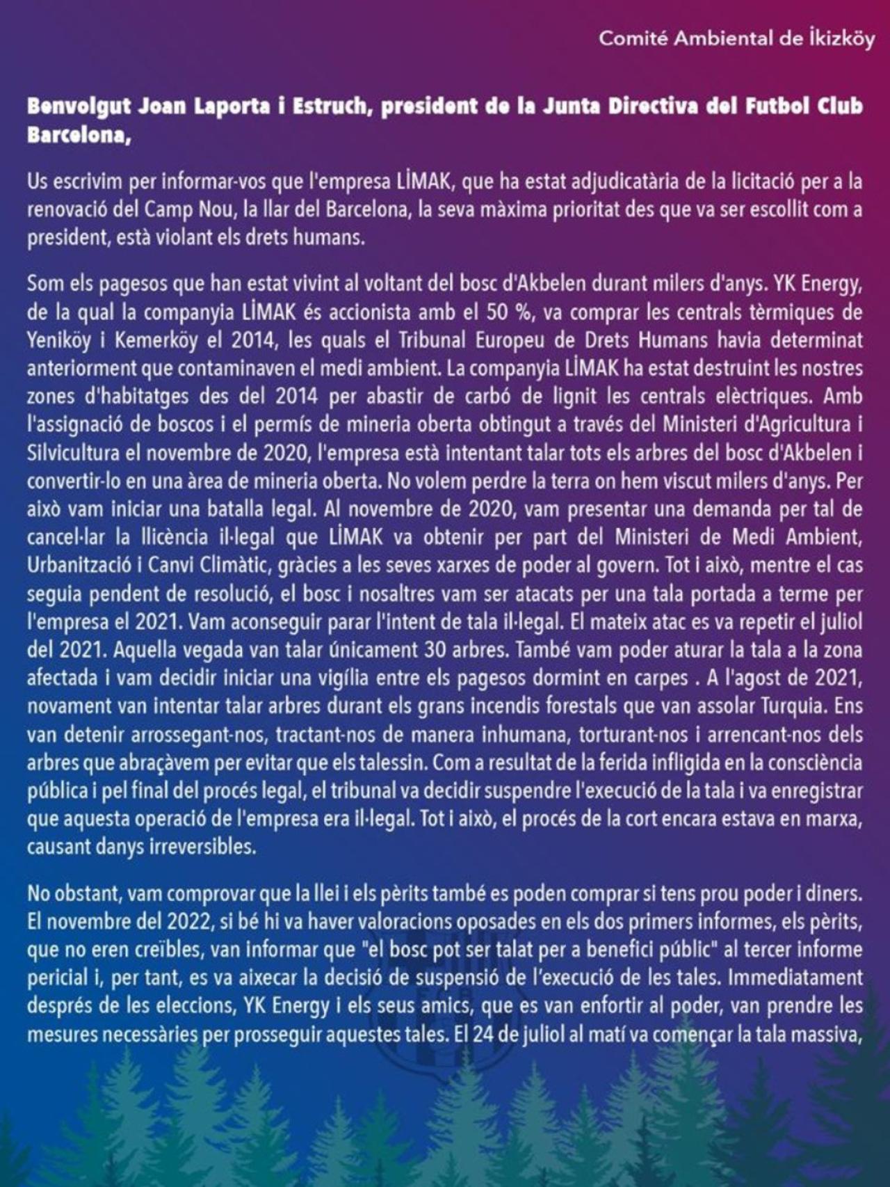 Carta del Comité Ambiental del pueblo turco que se queja contra Laporta / REDES