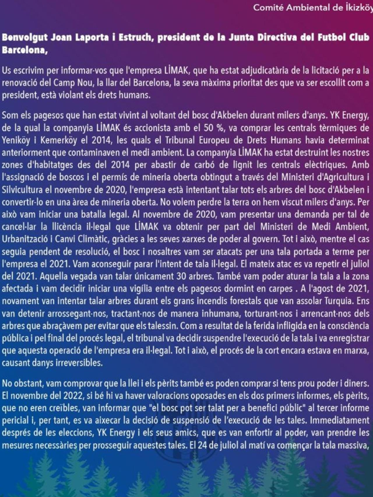 Carta del Comité Ambiental del pueblo turco que se queja contra Laporta / REDES