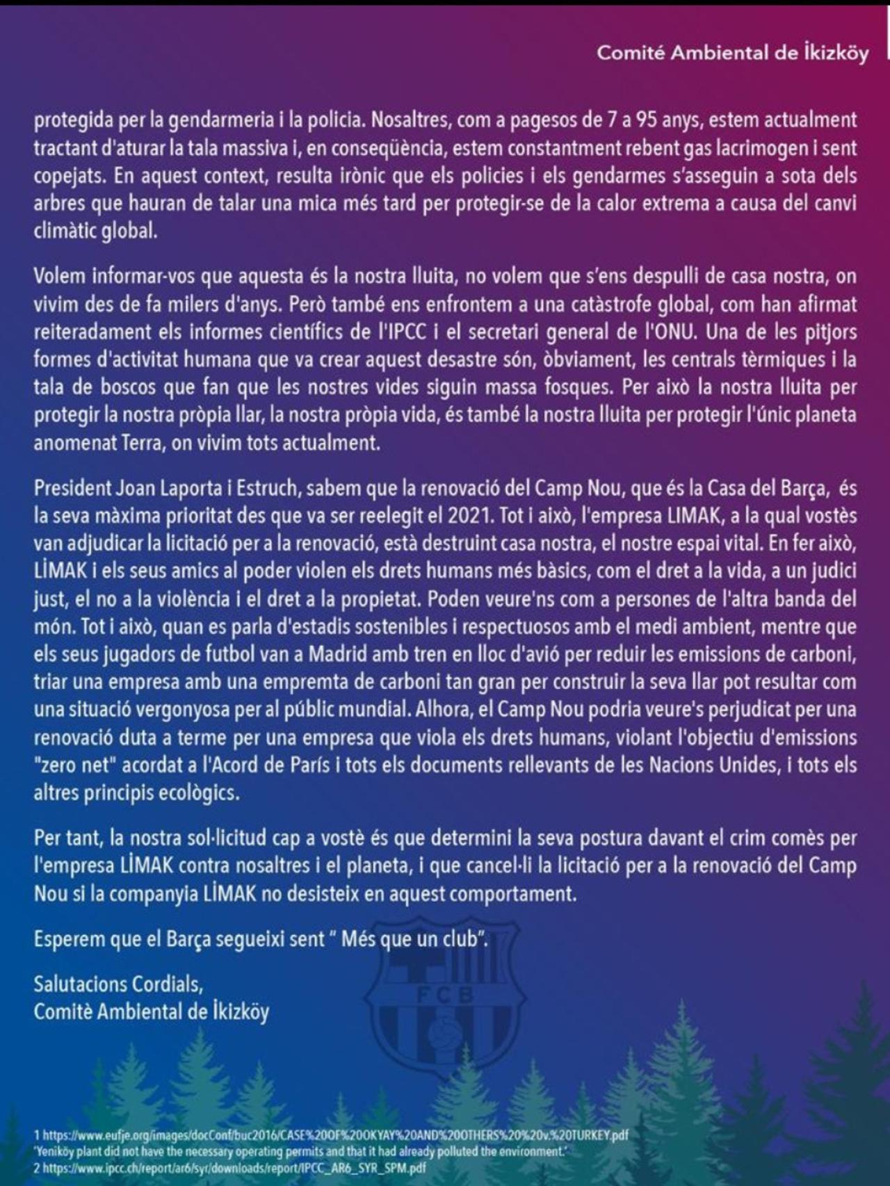Segunda parte de la carta del Comité Ambiental del pueblo turco que se queja contra Laporta / REDES