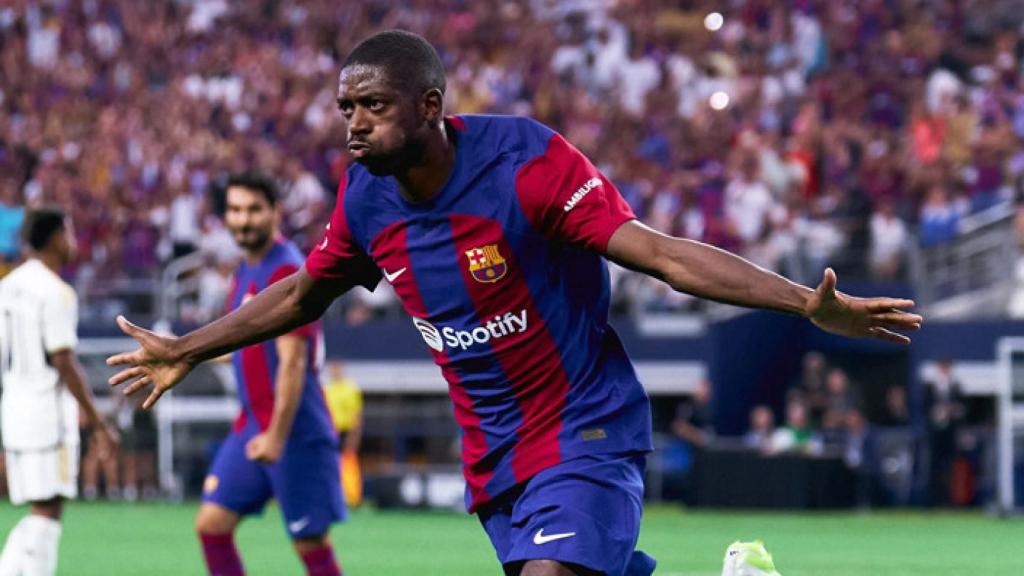 Ousmane Dembelé festeja su gol anotado contra el Real Madrid en Dallas