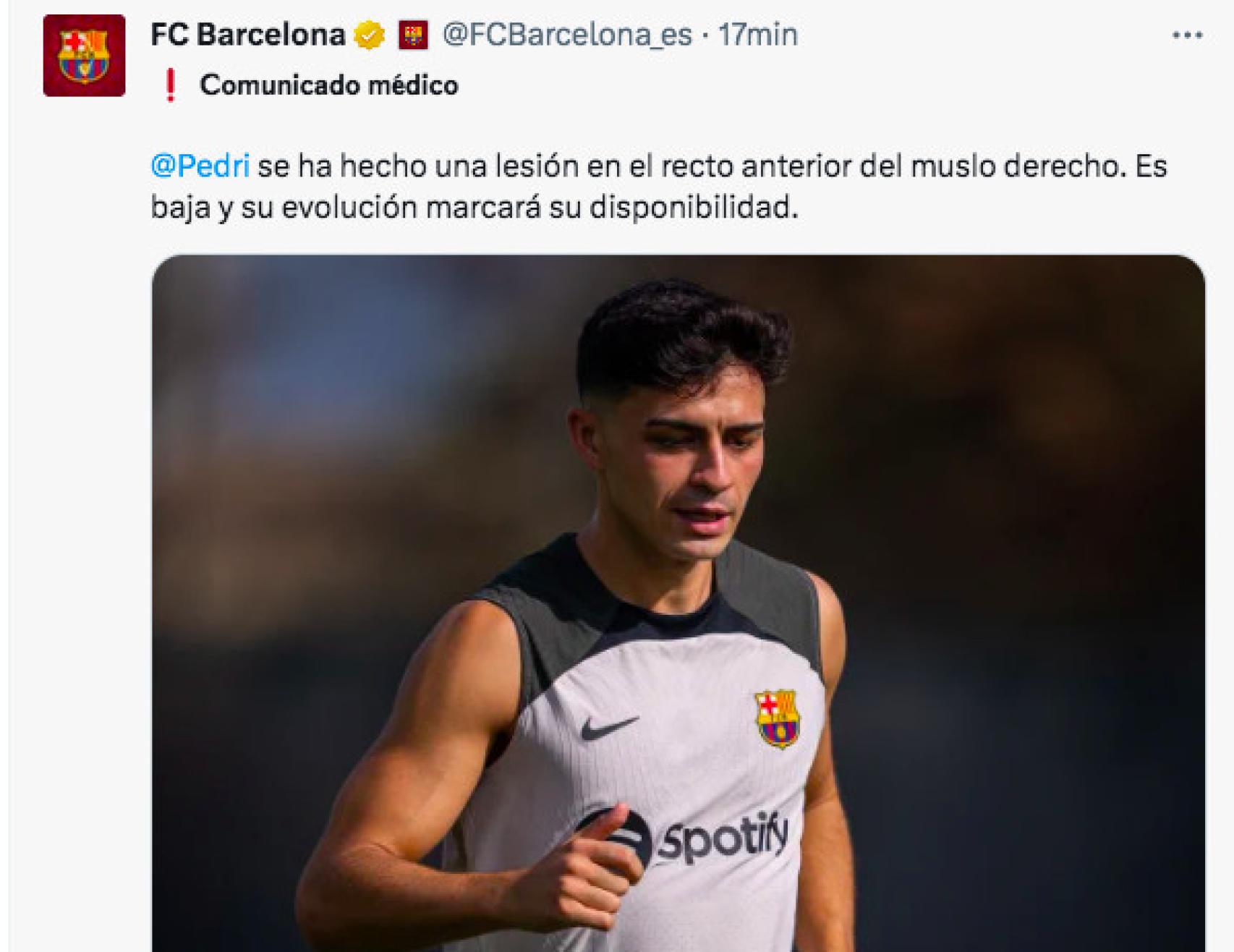 Comunicado del Barça sobre la lesión de Pedri