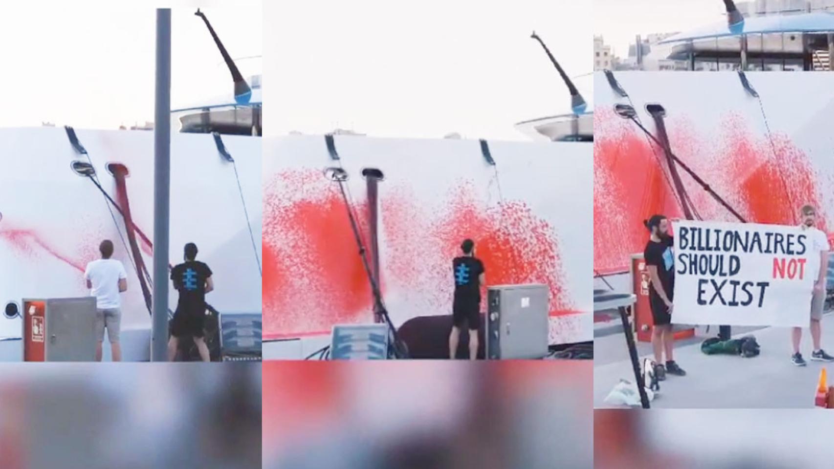 Tres instantes del ataque al yate 'Kaos' en Marina Port Vell, en Barcelona