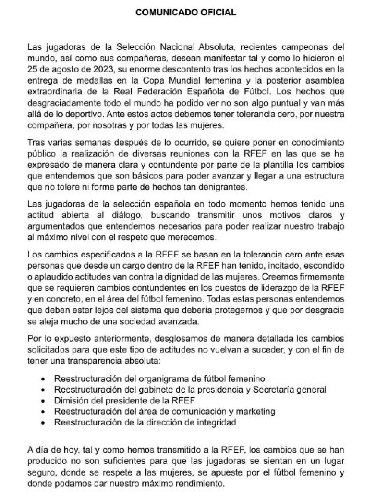El comunicado de las jugadoras de la selección española