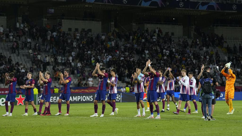 El FC Barcelona, celebrando la victoria cosechada frente al Amberes