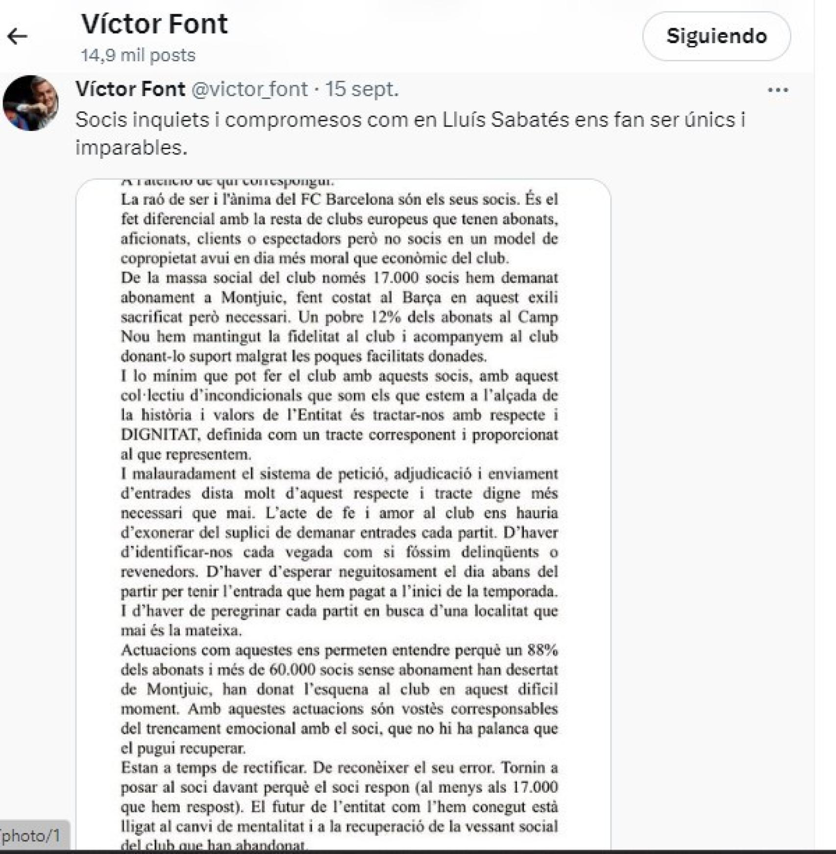 Víctor Font comparte la queja de un socio sobre las incomodidades de Montjuïc