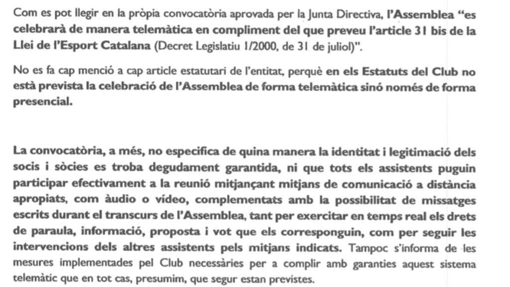 Segundo fragmento del burofax contra la asamblea telemática del Barça