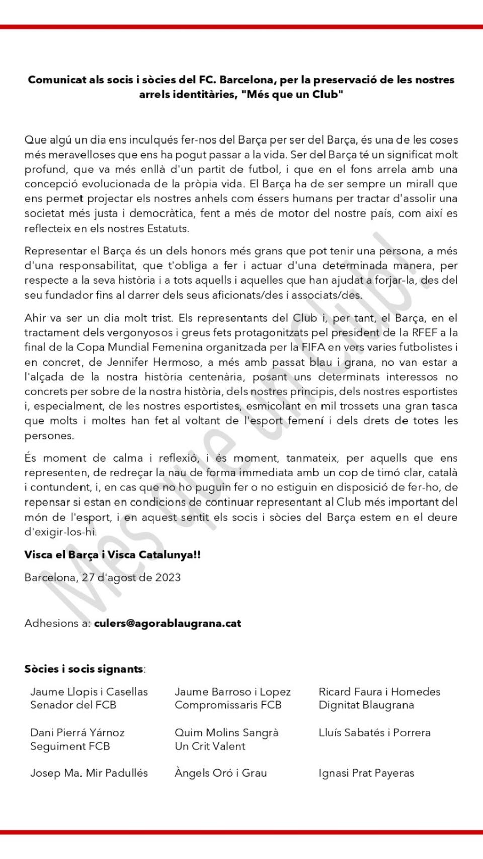 El comunicado de Agora Blaugrana con respecto a la polémica de Luis Rubiales