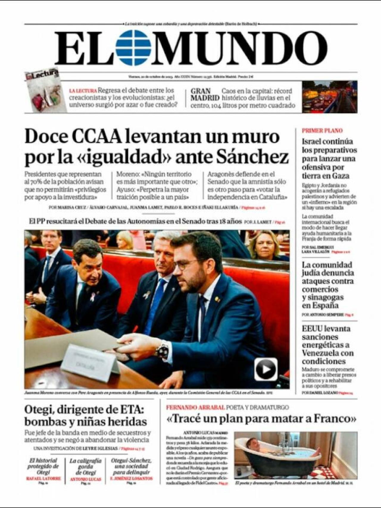 Portada de 'El Mundo' de 20 de octubre de 2023
