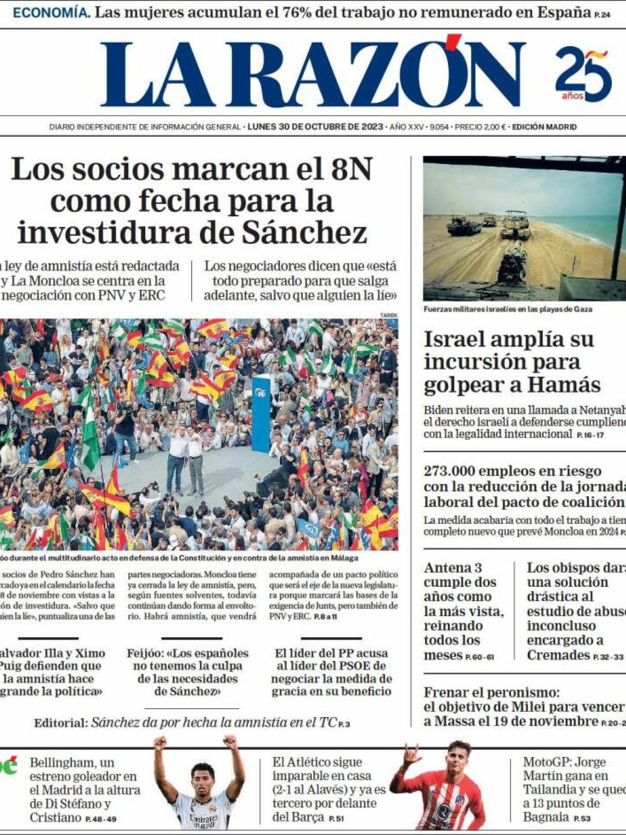 Portada de 'La Razón' de 30 de octubre de 2023