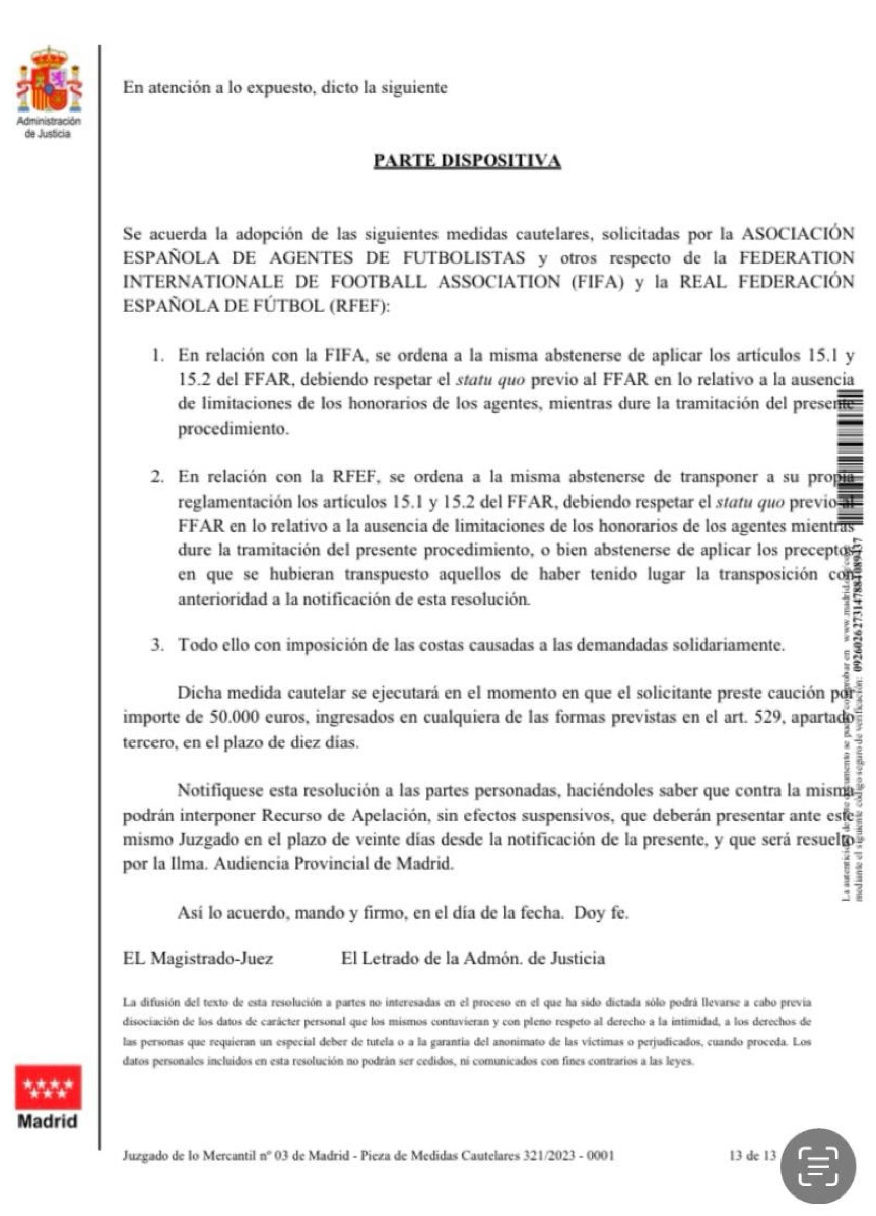 La medida cautelar aprobada para los agentes y representantes del fútbol español