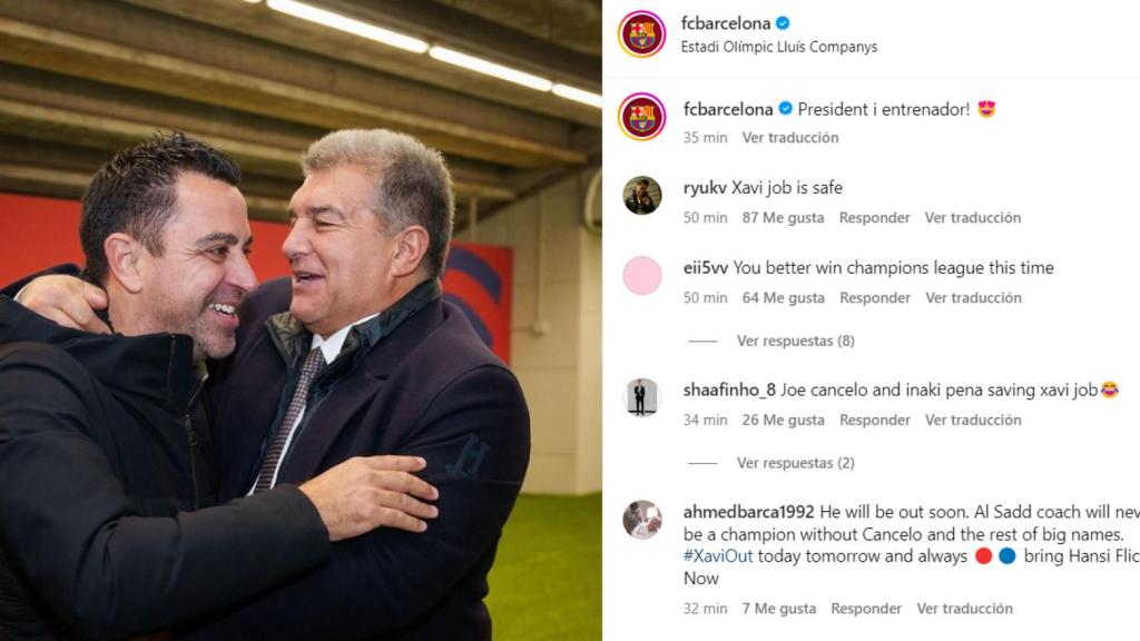 El Barça comparte el abrazo de Joan Laporta y Xavi Hernández tras vencer al Oporto en la Champions League