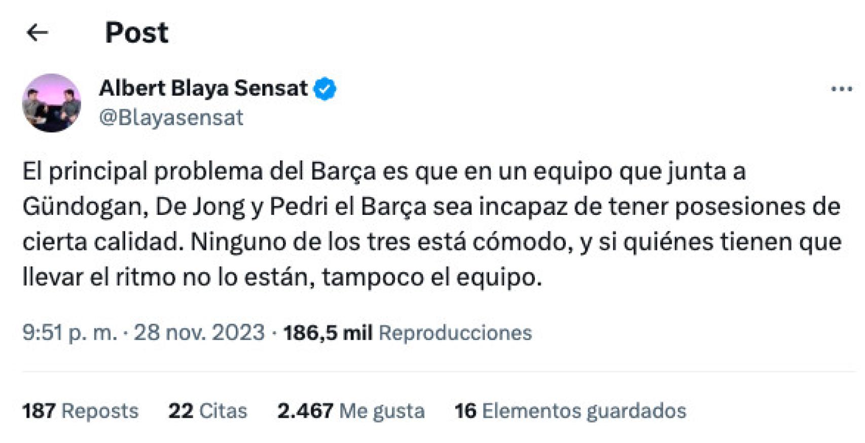 Tuit sobre Frenkie, Pedri y Gundogan