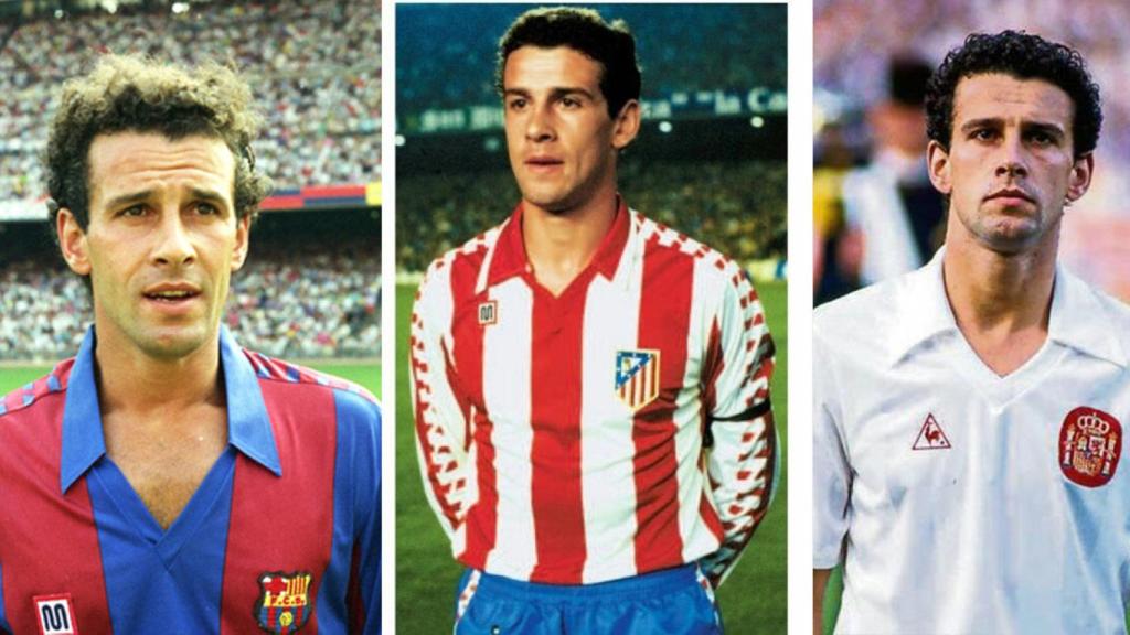 Julio Alberto con las camisetas de Barça, Atlético y selección española