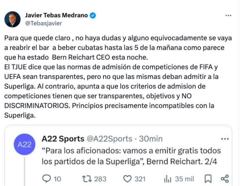 Mensaje de Tebas sobre la Superliga