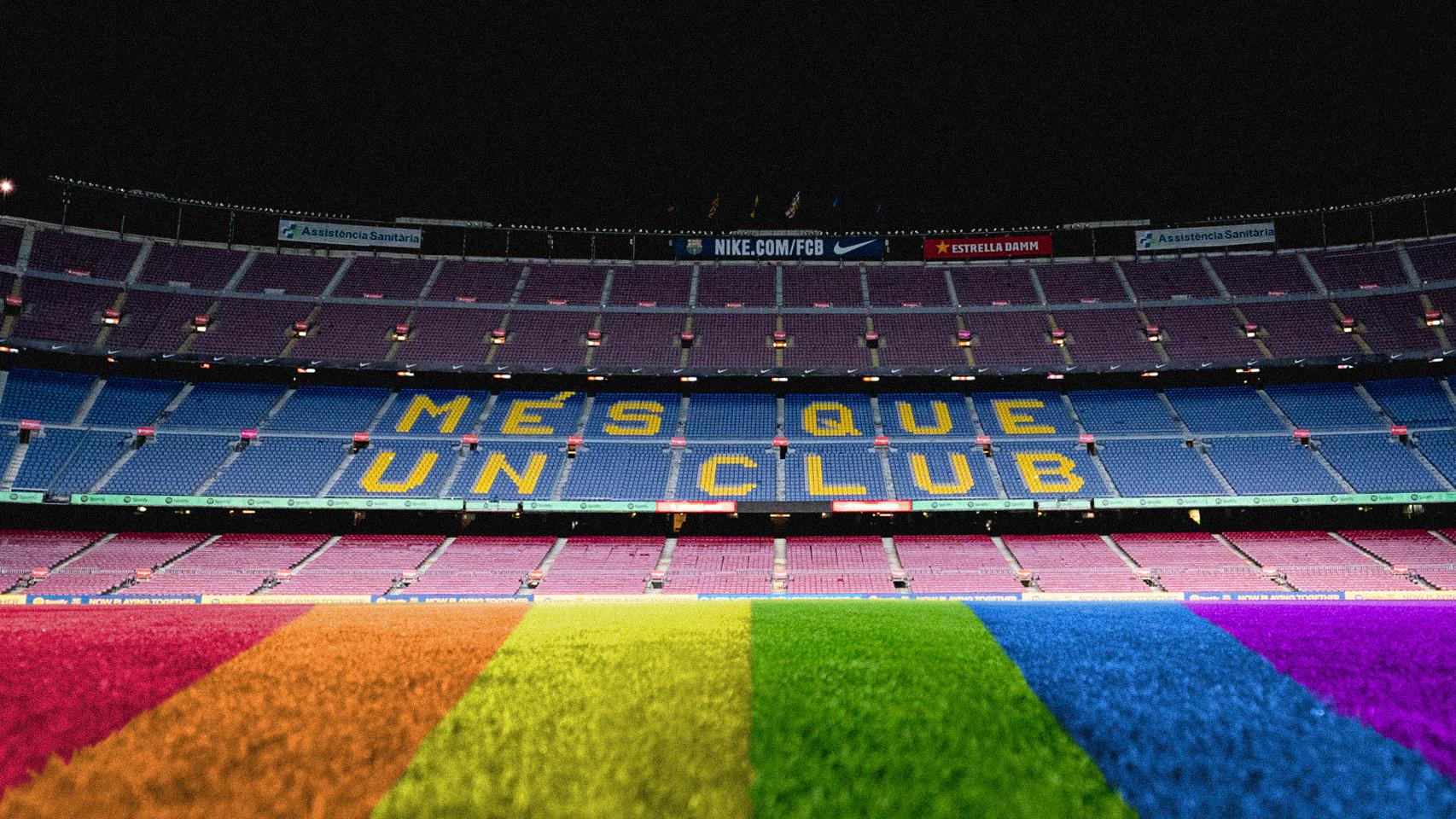 Los colores de la bandera LGTBI en el engramado del Camp Nou