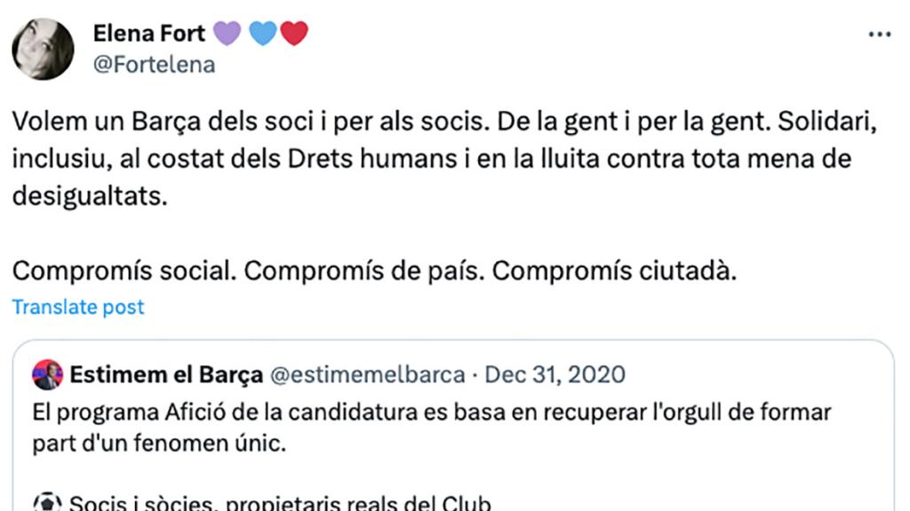 Uno de los tuits de Elena Fort en diciembre de 2020