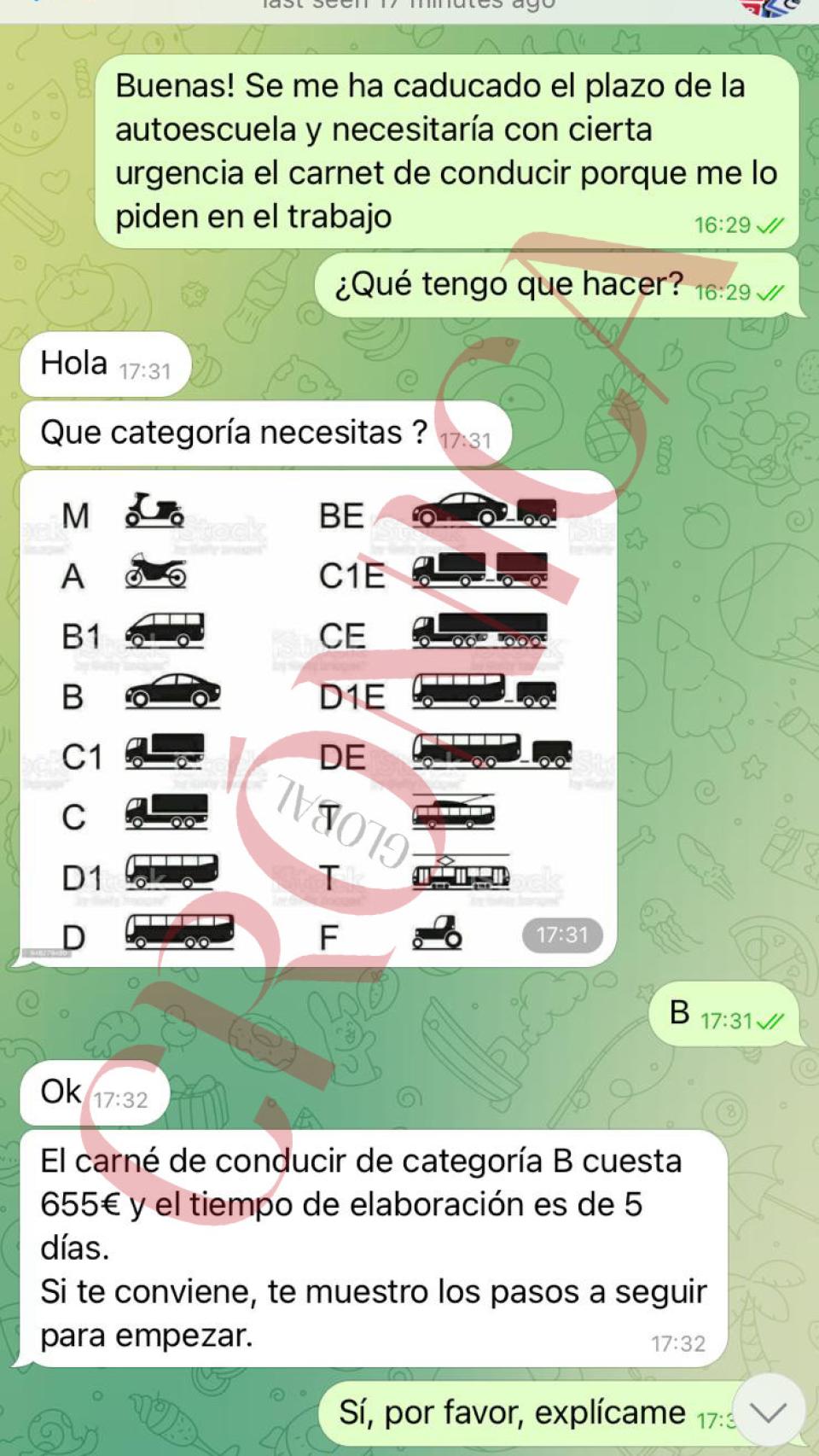 Un usuario de Telegram vende carnets de la DGT