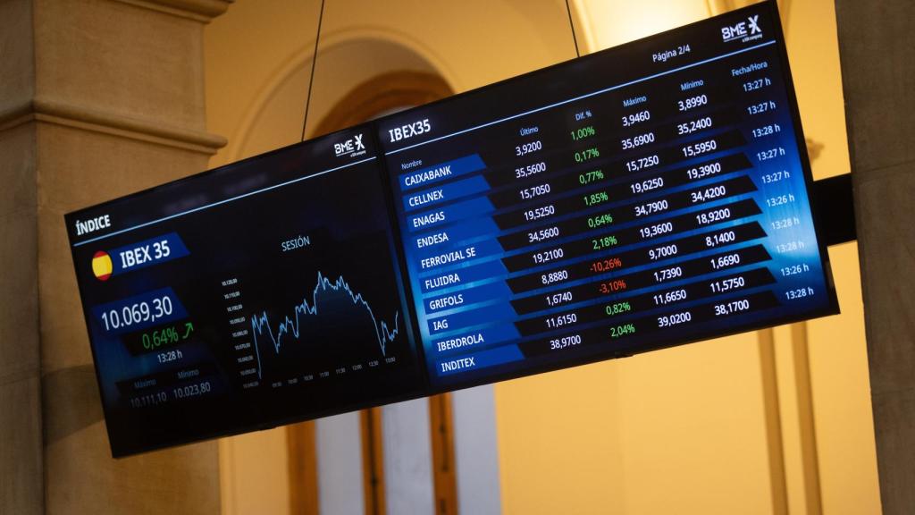 Un panel del Ibex 35, en el Palacio de la Bolsa, a 12 de enero de 2024, en Madrid (España)