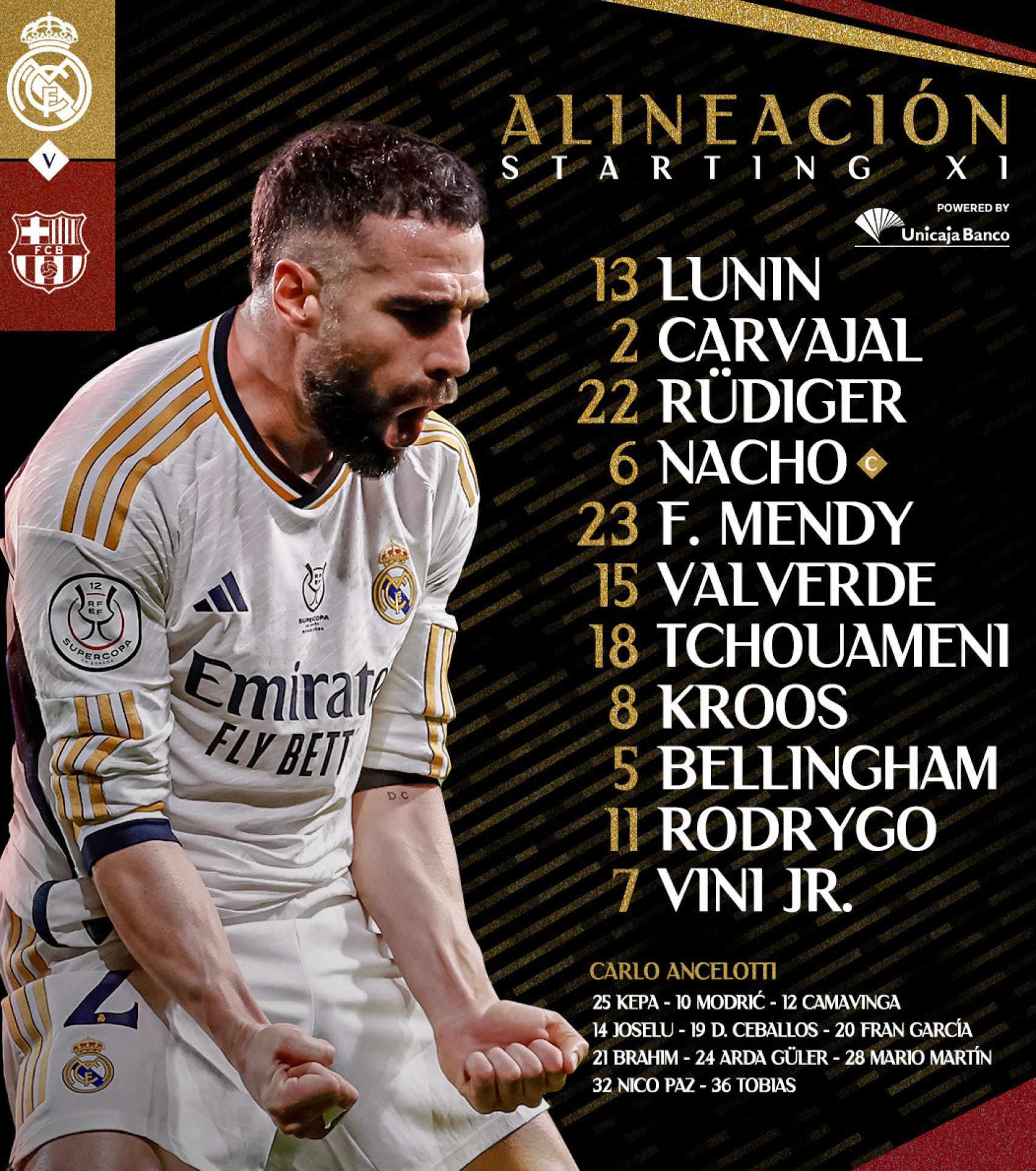 La alineación del Real Madrid para el clásico de Supercopa contra el Barça
