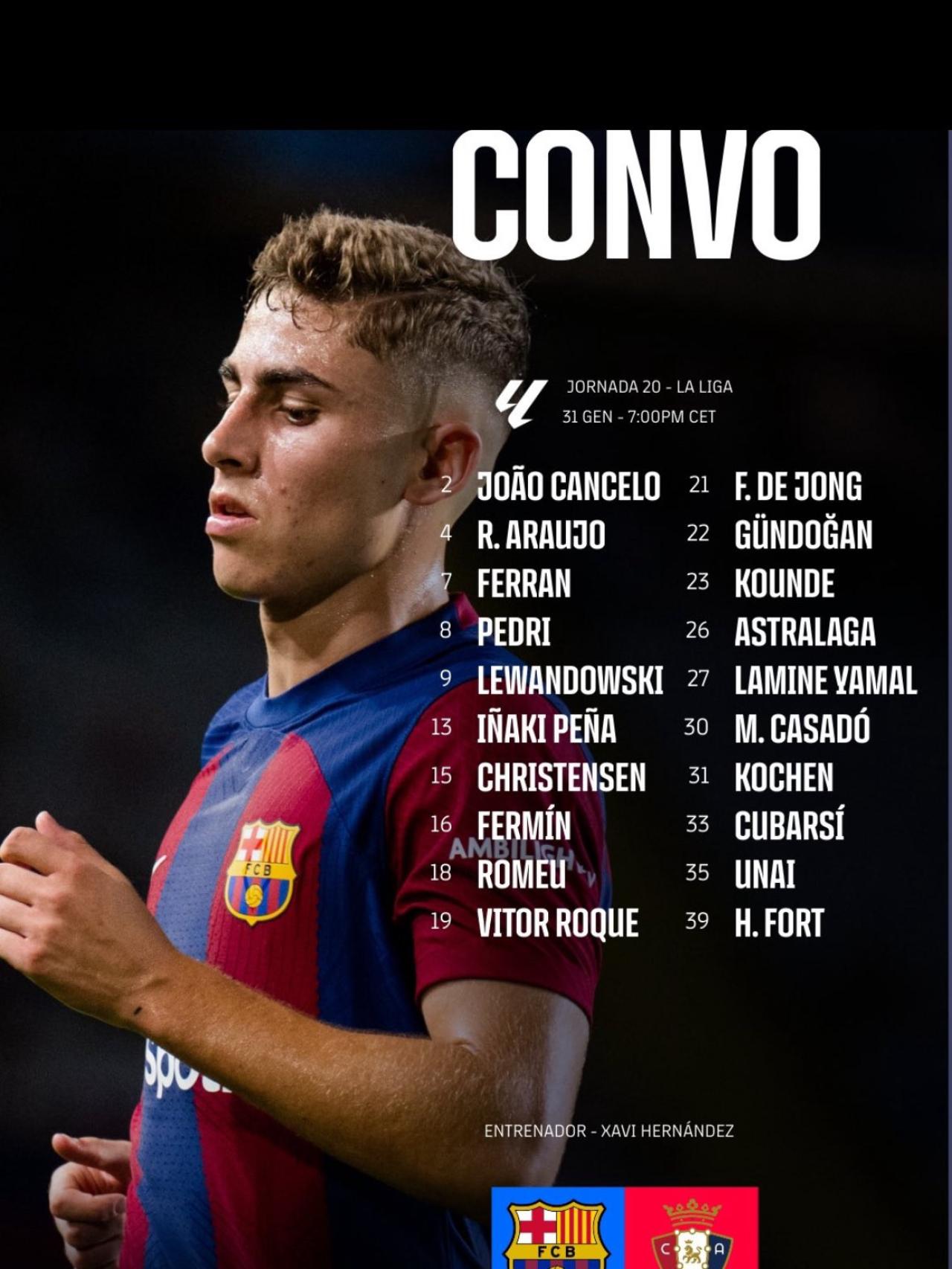 Convocatoria del FC Barcelona para el partido ante Osasuna