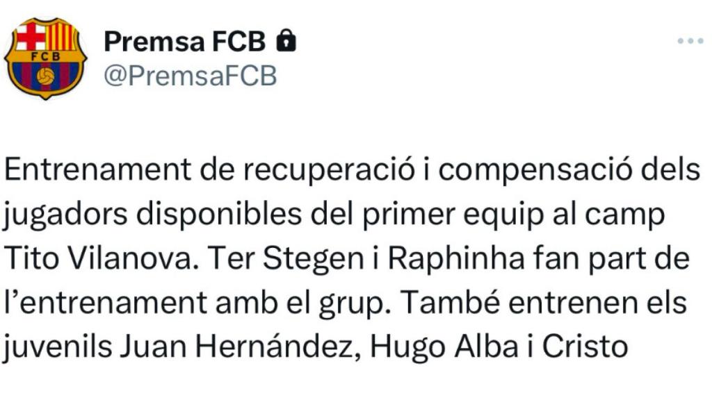 Tuit del Barça sobre el entrenamiento de este domingo