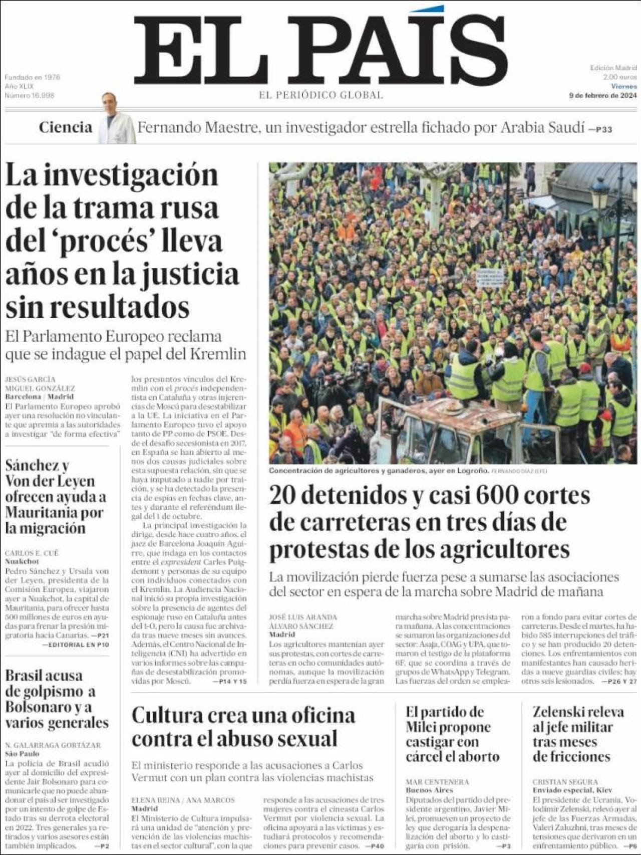 Portada de 'El País' del 9 de febrero