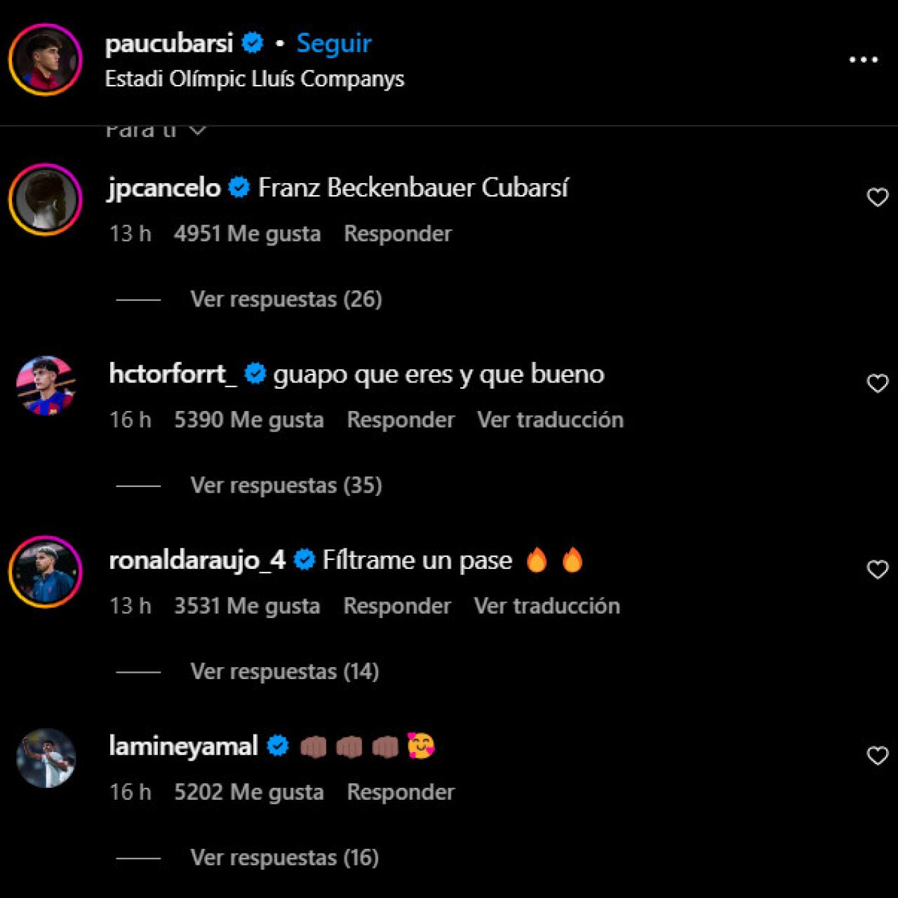 Comentarios del vestuario del Barça a la fotografía en Instagram de Pau Cubarsí