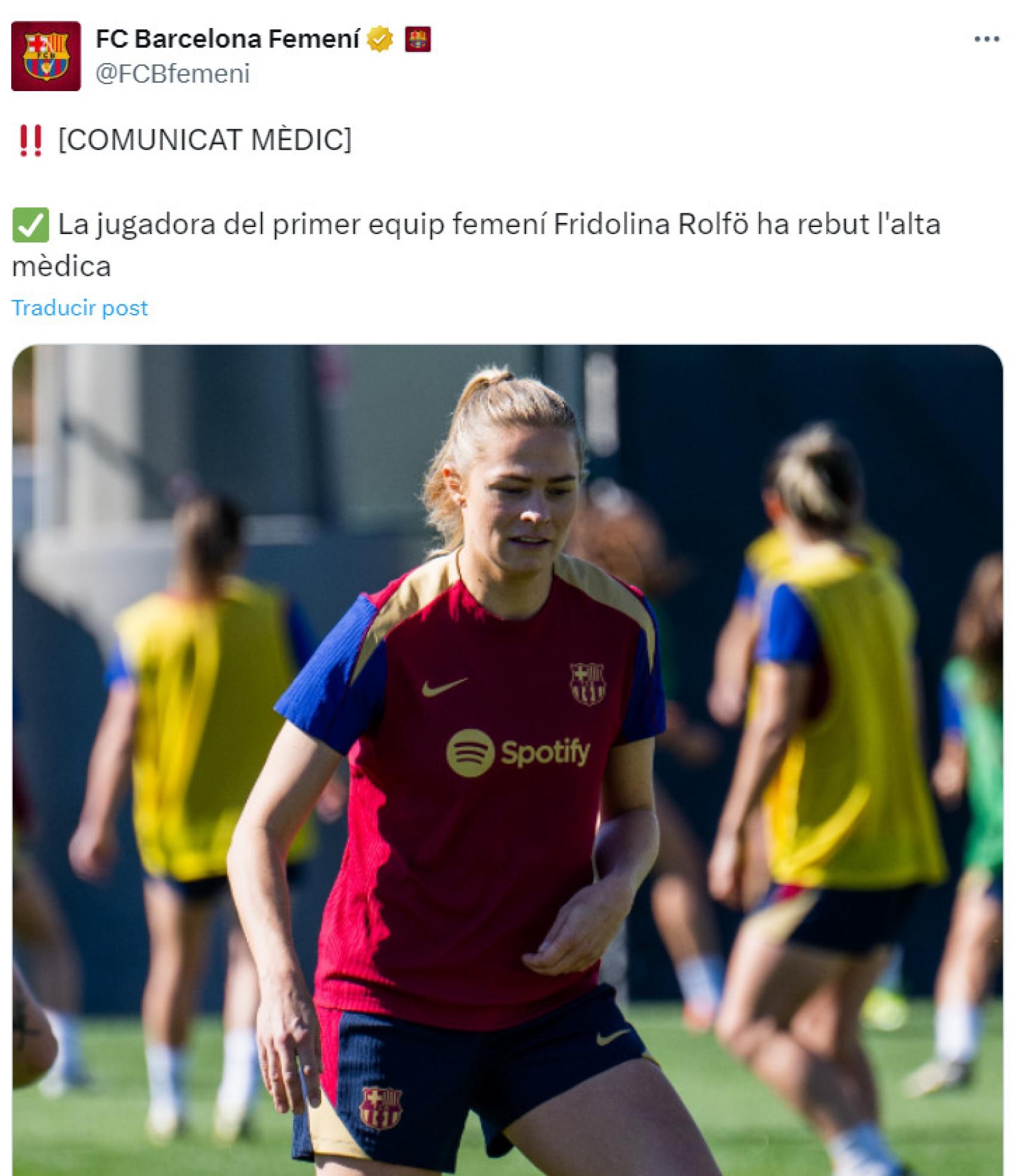 Frido Rolfö recibe el alta médica con el Barça Femenino