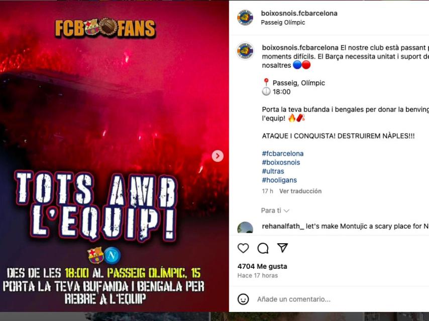 Los Boixos piden a los aficionados del Barça que acudan a Montjuïc