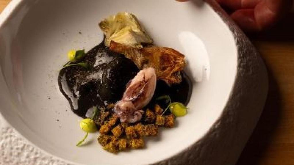 Alcachofa cocida y frita, jugo de sepia bruta, limón y perejil