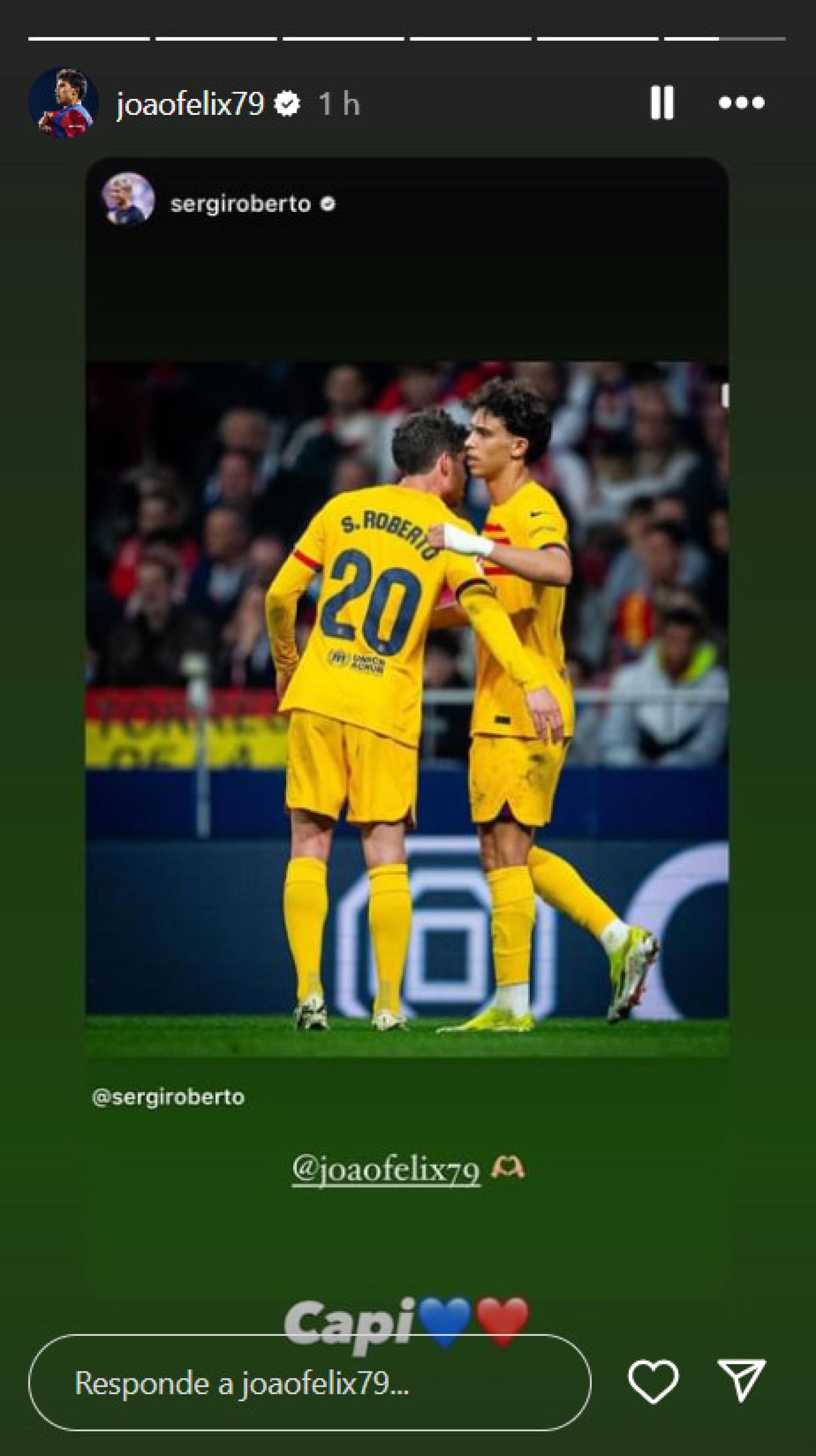 El 'story' de Joao Félix en el que contesta a Sergi Roberto después de ganar al Atlético