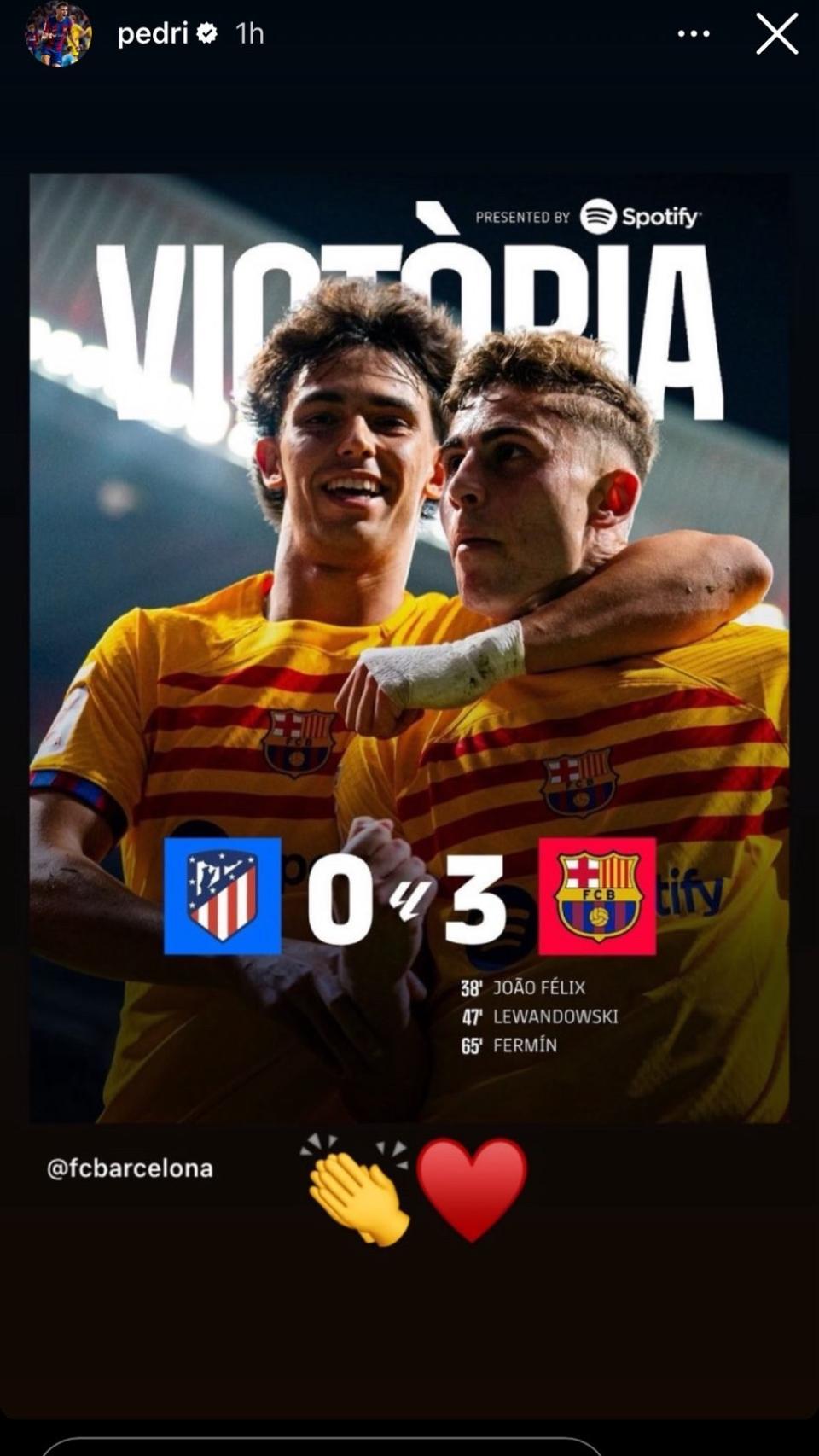 Pedri celebra la victoria del Barça en redes