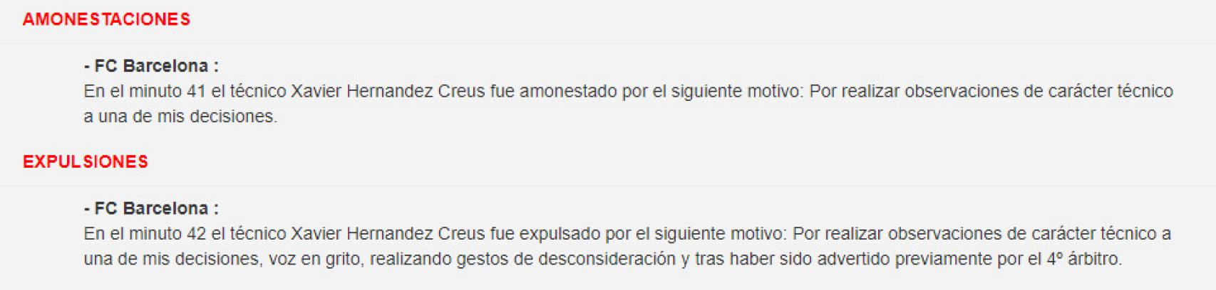 Acta arbitral que explica la expulsión de Xavi en el partido contra el Atlético