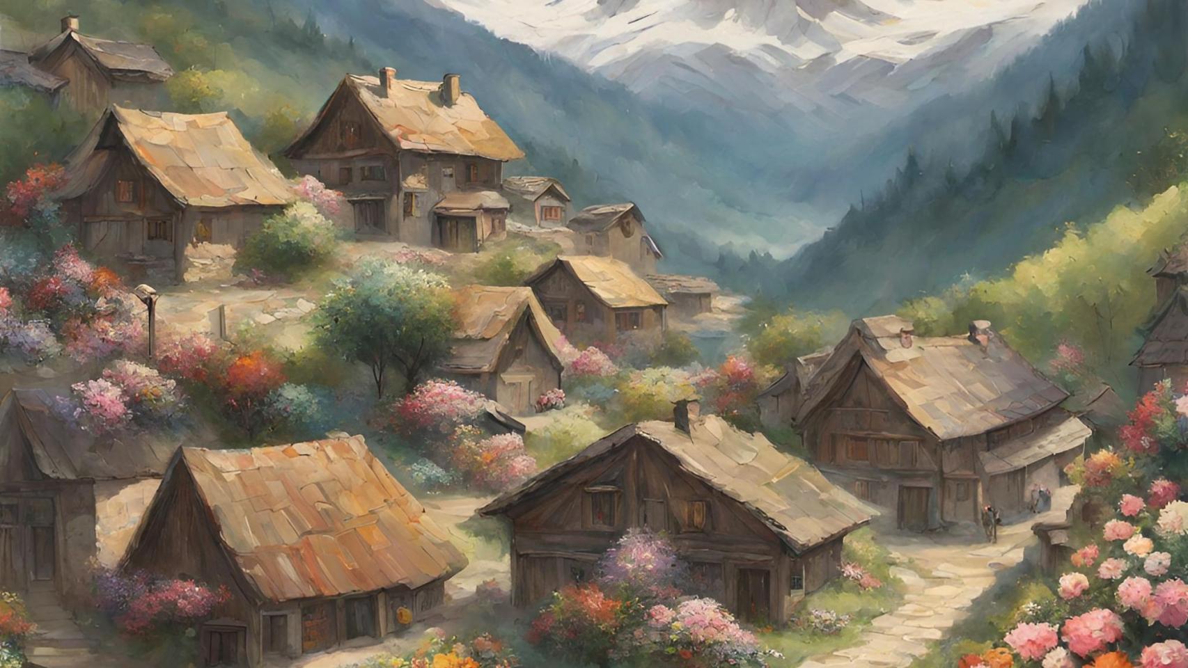 Imagen de archivo de un pueblo florecido de montaña generada con IA