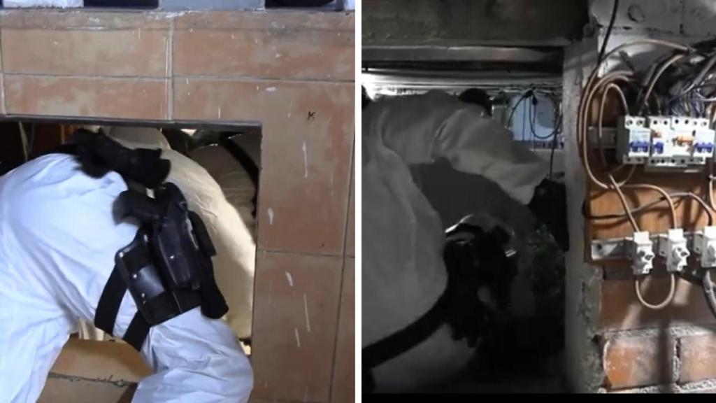 Agente de los Mossos accediendo a gatas a un bunker de marihuana descubierto en El Prat de Llobregat (BCN)