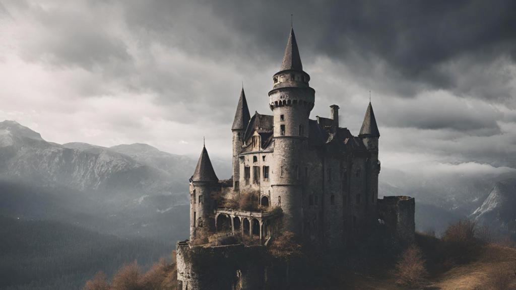 Imagen generada por IA de un castillo tenebroso en lo alto de una montaña
