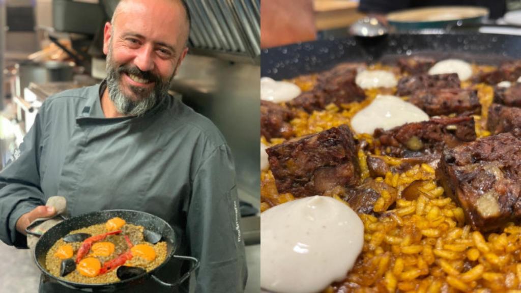 El chef Albert Mendiola y detalle de su arroz de rabo de toro
