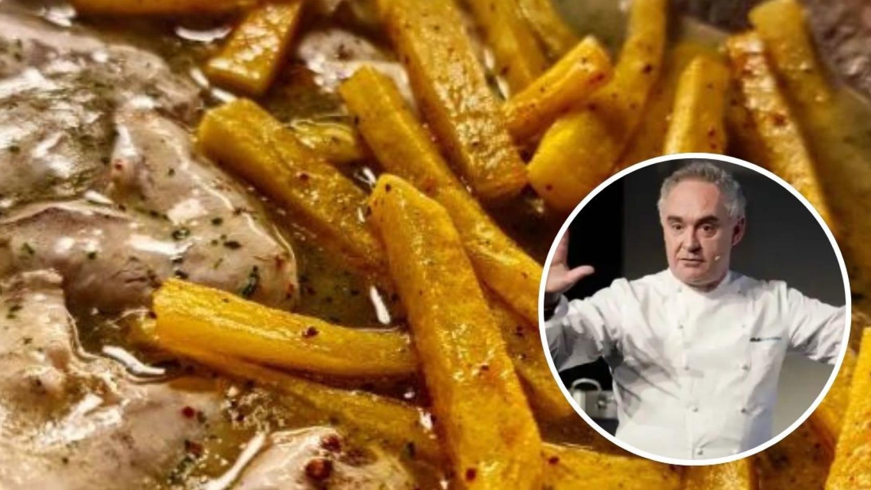 Fotomontaje de cocochas con patatas y el chef Ferran Adrià
