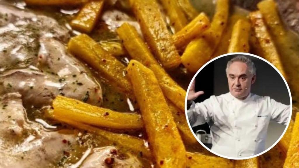 Fotomontaje de cocochas con patatas y el chef Ferran Adrià