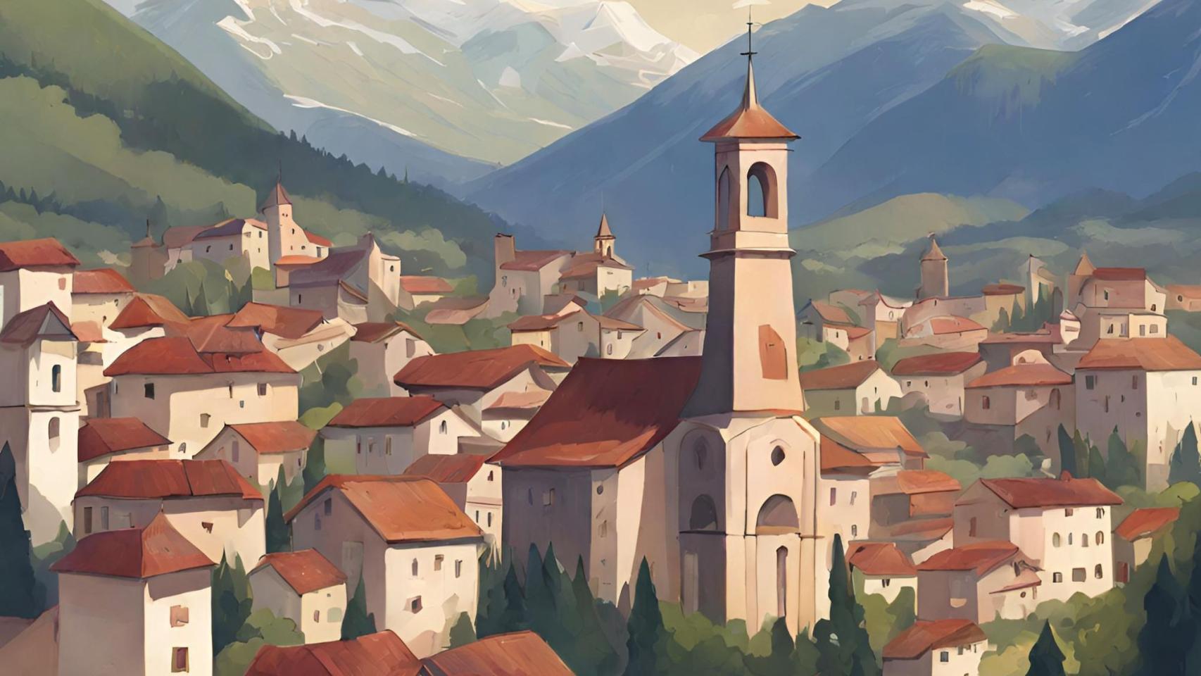Imagen generada por IA de un pueblo medieval con un campanario