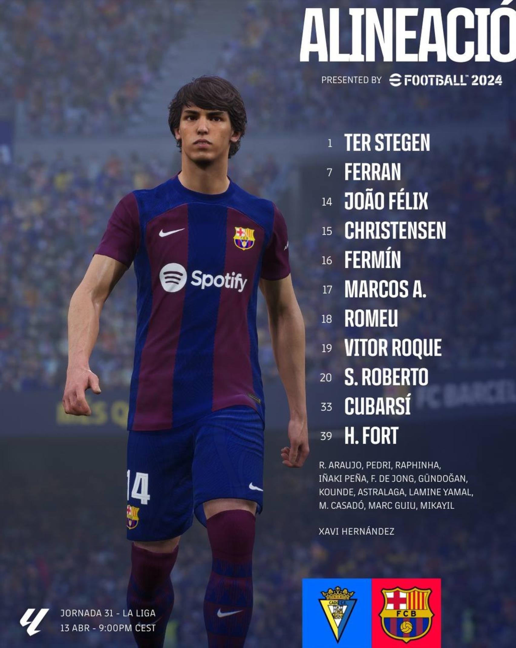 La alineación del Barça contra el Cádiz