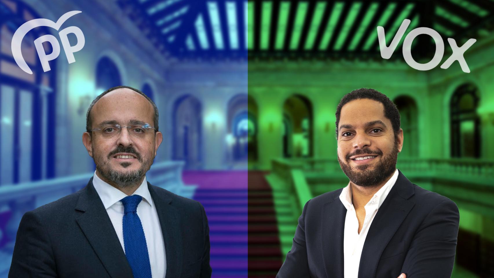 Fotomontaje: Alejandro Fernández, candidato del PP, e Ignacio Garriga, de Vox, con el Parlament de fondo