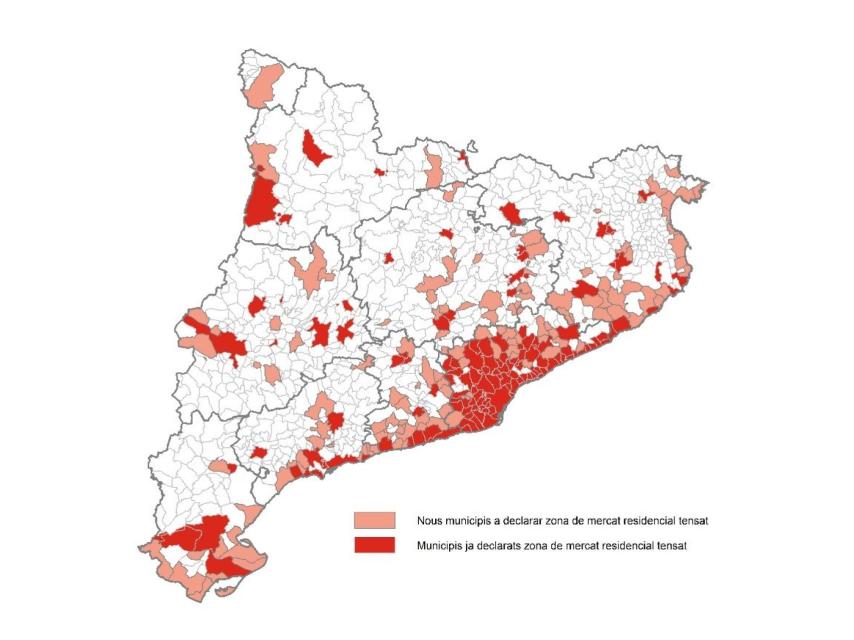 Mapa de los municipios catalanes que forman parte de las zonas tensionadas