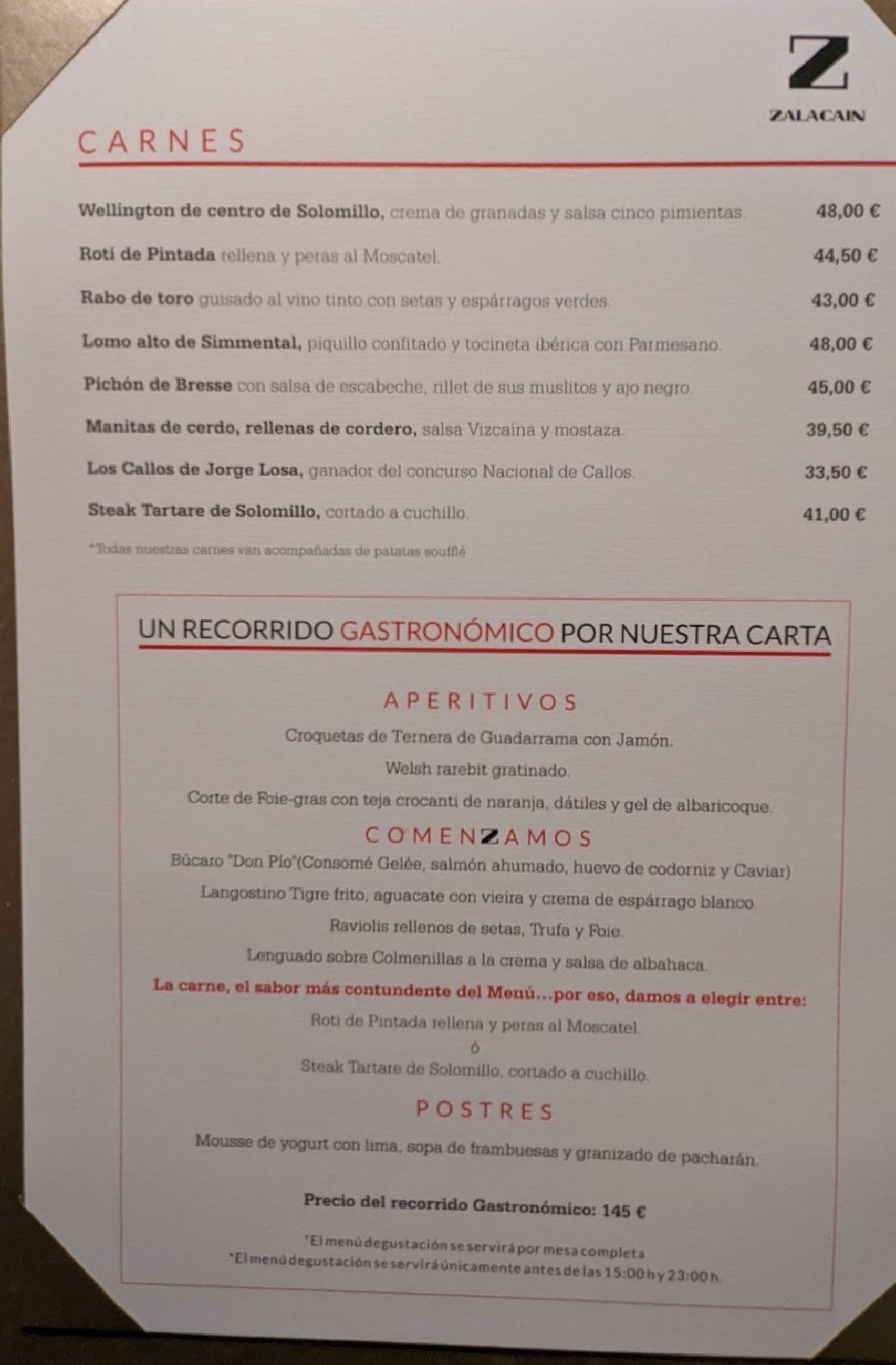 Carnes del restaurante Zalacaín, donde se reúnen Florentino Pérez y Joan Laporta