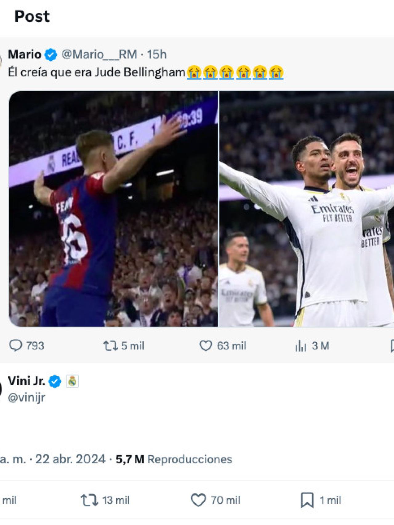 Tuit en el que Vinicius se ríe de Fermín