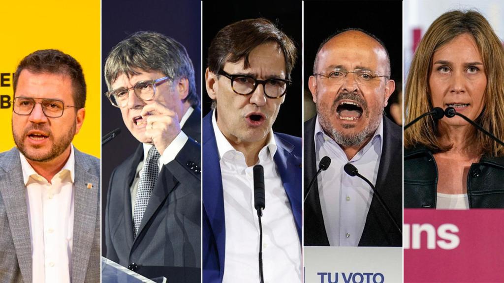 De izquierda a derecha: Pere Aragonès (ERC), Carles Puigdemont (Junts), Salvador Illa (PSC), Alejandro Fernández (PPC) y Jéssica Albiach (Comuns-Sumar)