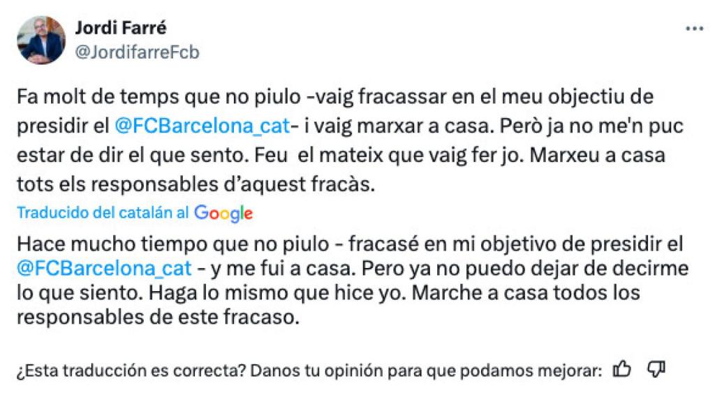 Tuit de Jordi Farré en el que pide la dimisión de Laporta