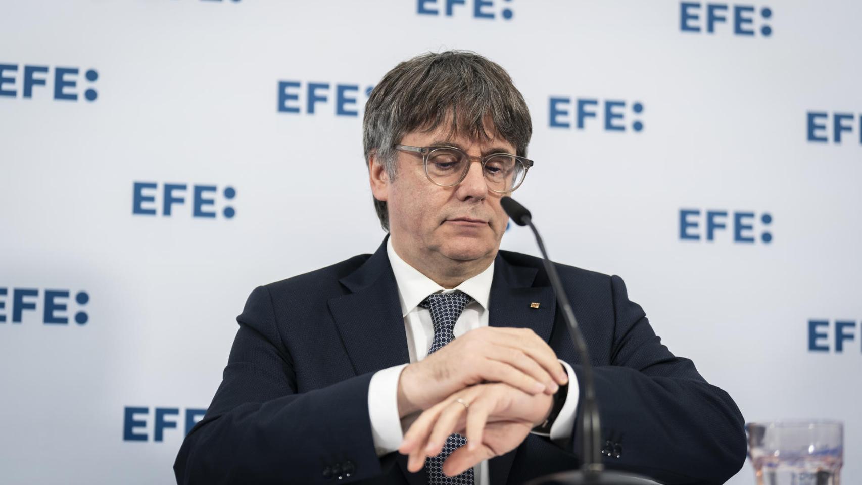 El prófugo de la justicia Carles Puigdemont (Junts), durante su participación en un acto de la agencia EFE