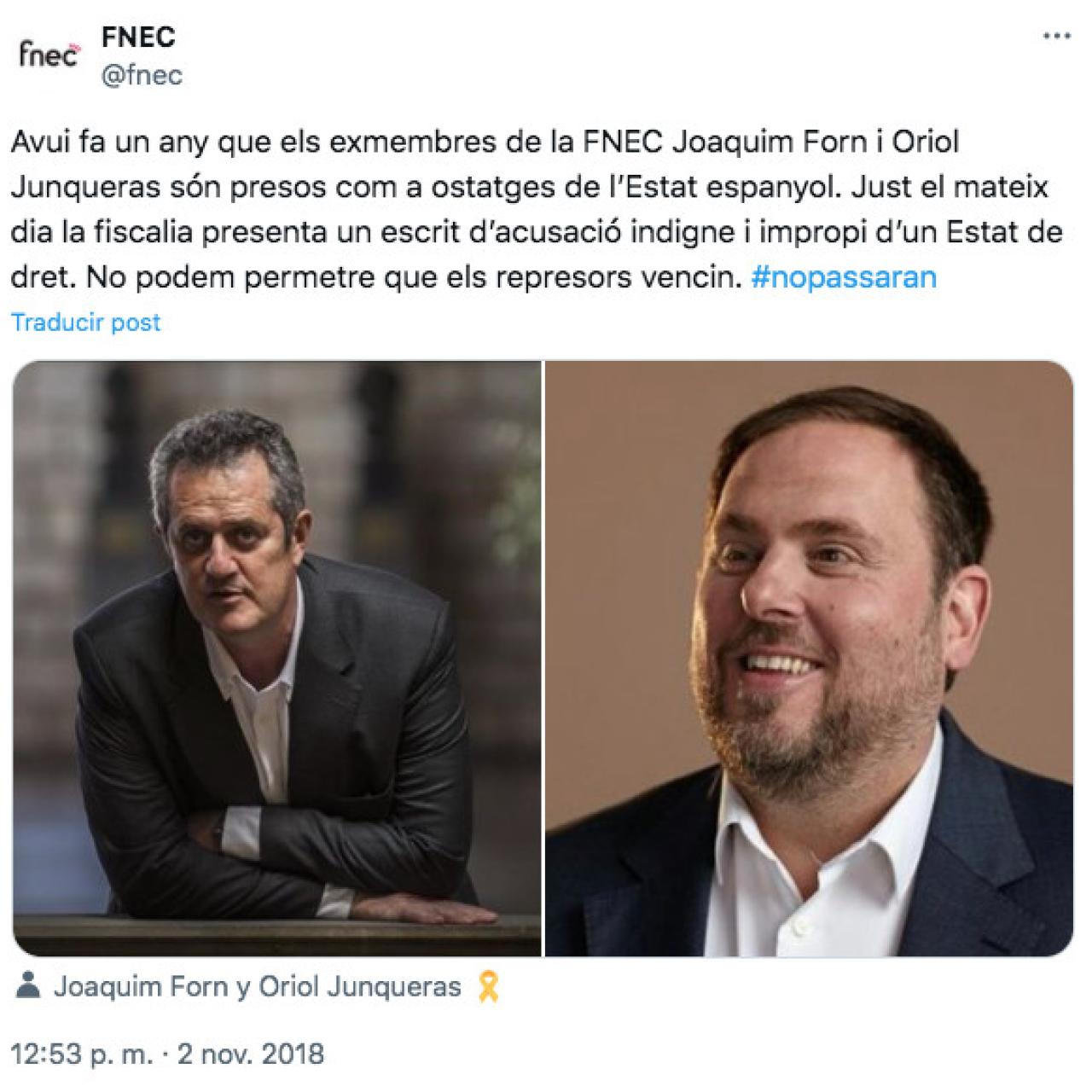 Tuit de la FNEC recordando a su exmiembros, Oriol Junqueras y Joaquim Forn
