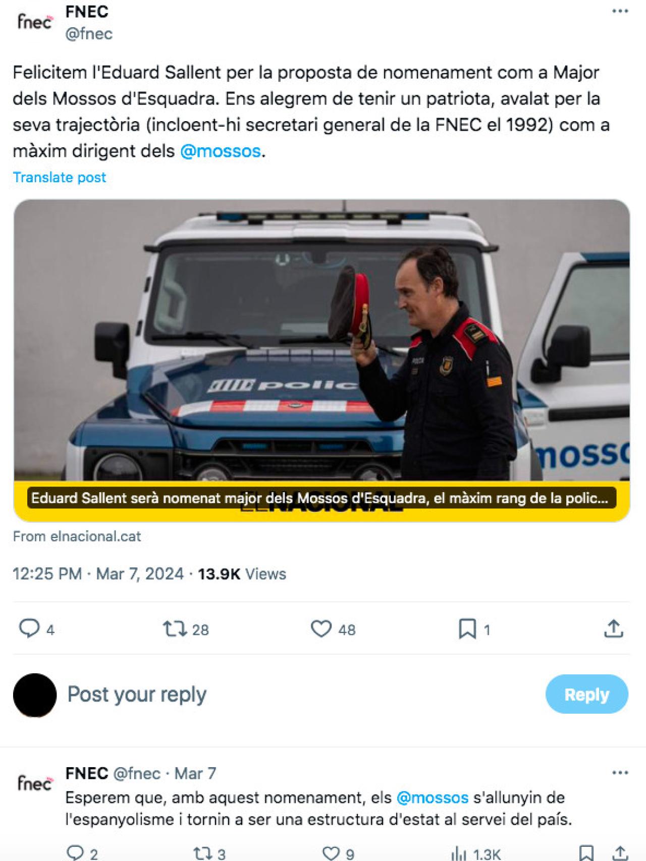Tuit de la FNEC celebrando la candidatura del comisario jefe de Mossos, Eduard Sallent, a 'major'